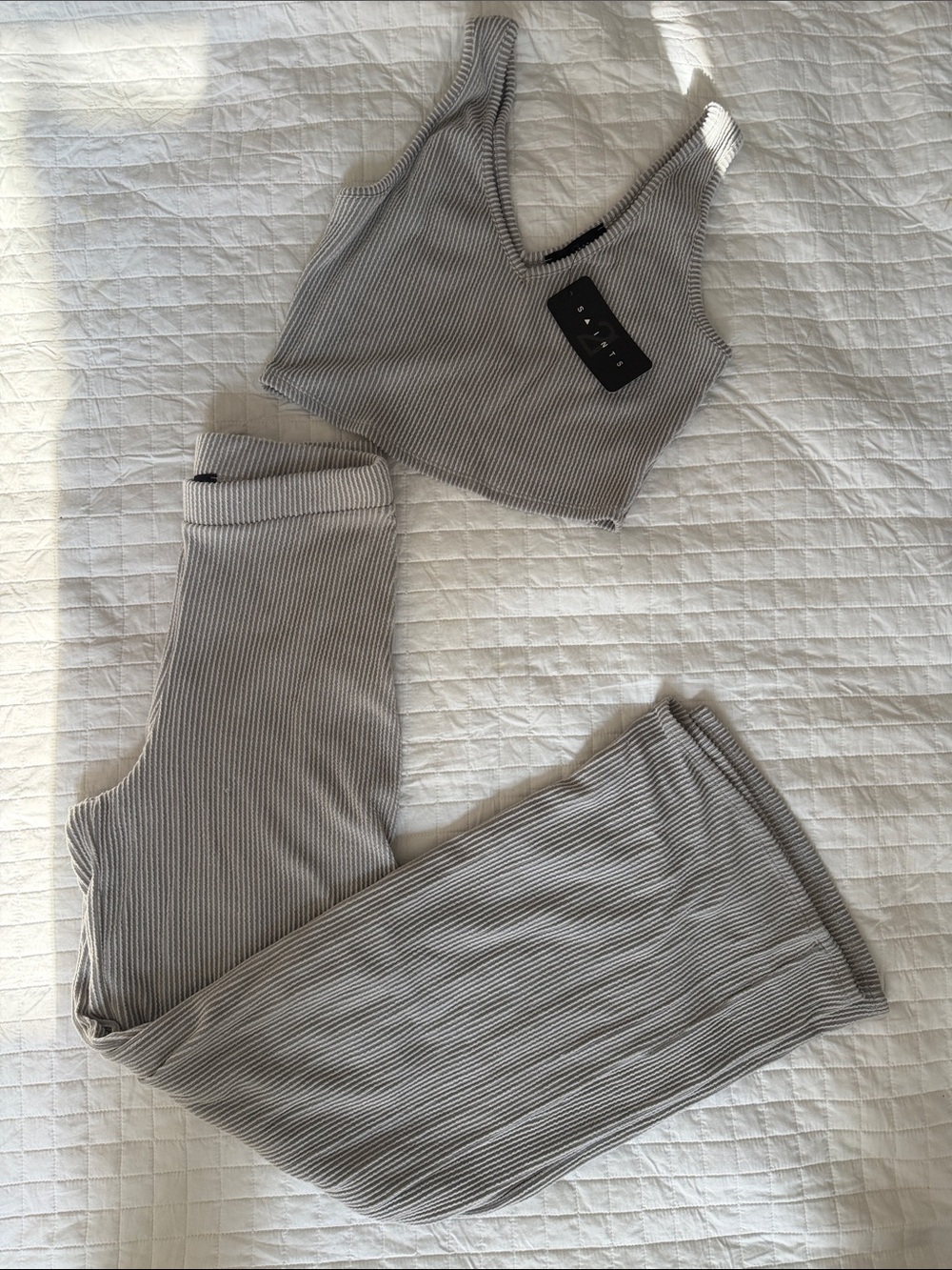 Saints Ribbed Knit Tank & Wide-Leg Pants Set — Gray